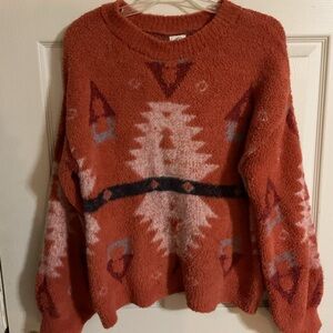 Blue Rain Terracotta Geometric Aztec orange warm fuzzy sweater m medium soft
